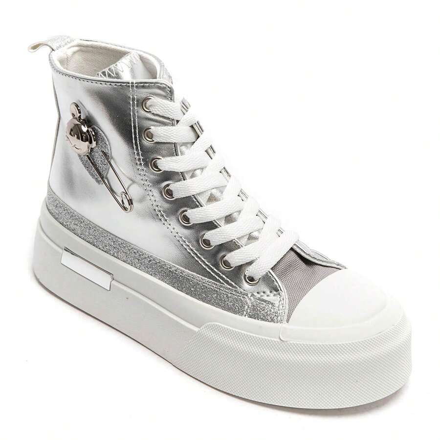 Women Solid Color Splice Casual Sneakers For Daily Wear - Silver - View 1