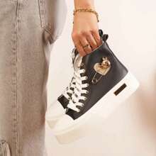 女士纯色拼接休闲运动鞋，适合日常穿着 - 黑色 - 查看 2