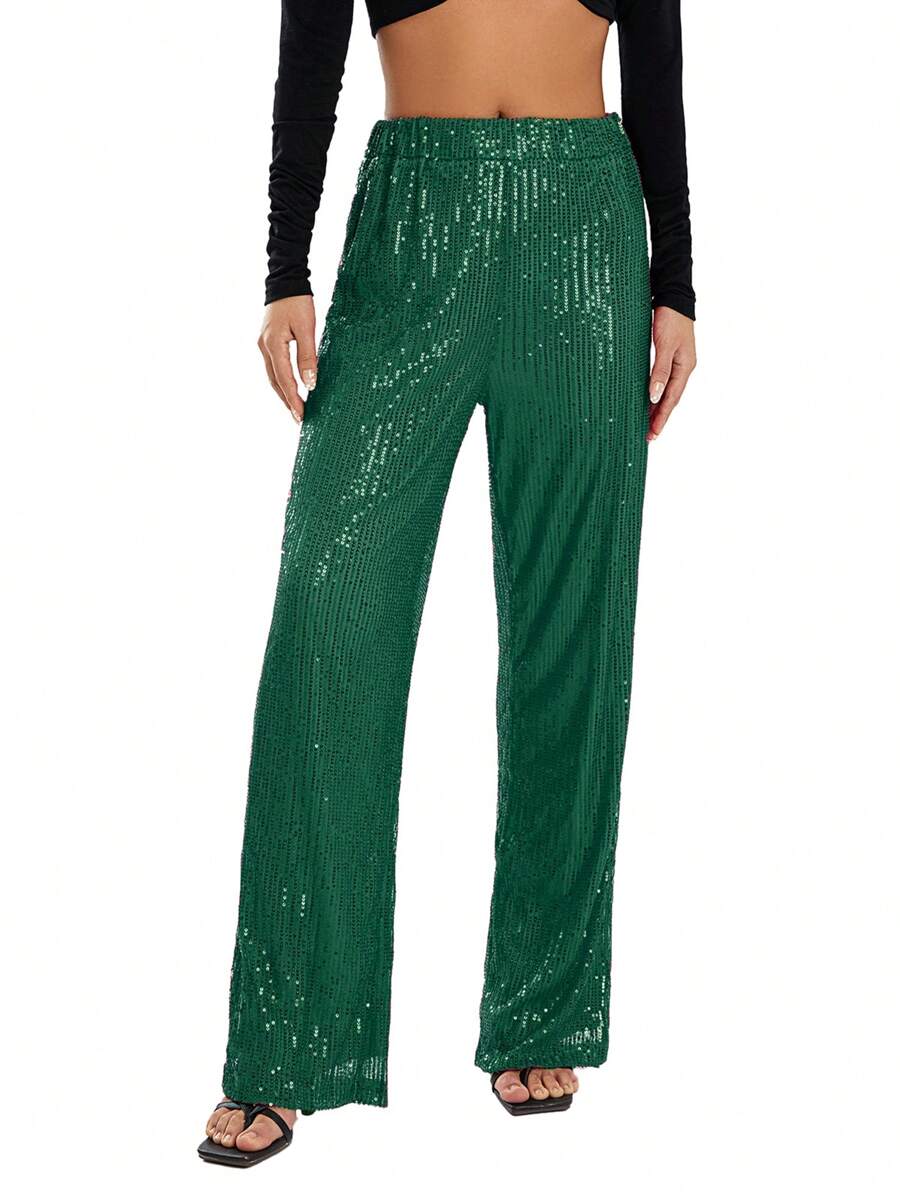 Women Sparkle Outfits Sequin Long Sleeve Blouse Shirt Top Glitter Long Loose Pants Bling Party Clubwear Streetwear - màu xanh lá - Xem 1