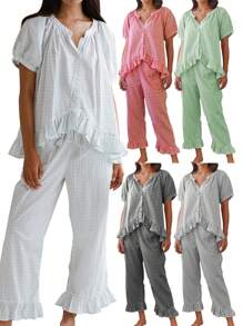 Women's 2 Piece Pajama Set Short Sleeve Button Up Plaid Tops Drawstring Pants Sleepwear Sets - Baby Blue - View 2
