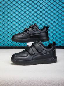 1 双儿童休闲 PU 皮革运动鞋，时尚百搭系带运动鞋，适合年龄较大的幼儿和青少年 - 黑色 - 查看 3