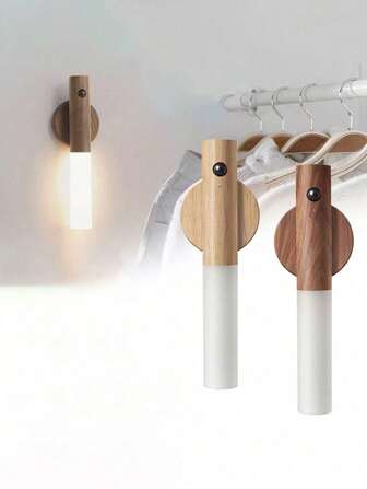 1PC/2pcs仿木纹智能人体感应夜灯，LED可充电走廊壁灯，运动感应灯，USB供电，适用于浴室、卫生间和走廊。