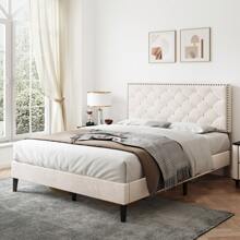 Flieks 4ft6 Double Upholstered Velvet Bed Frame, With Adjustable Button-Tufted & Riveted Headboard, Velvet Platform Bed Frame With Solid Wood Slat And Mute Foam, No Box Spring Needed, Easy Assembly - Beige - View 1