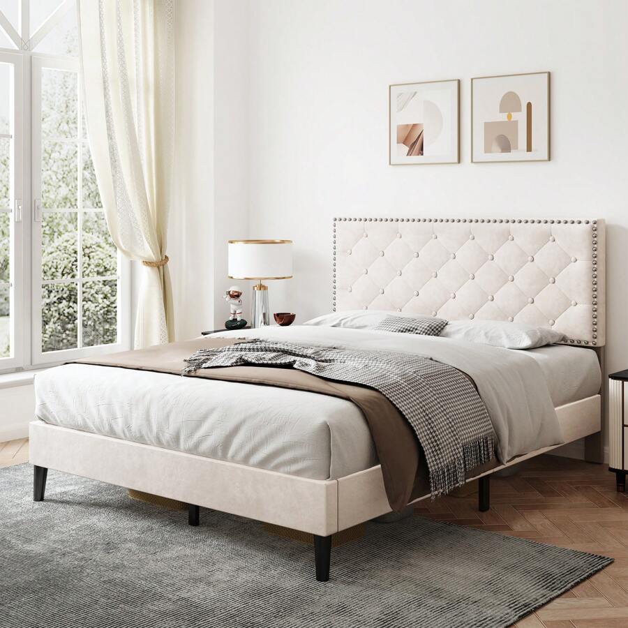 Flieks 4ft6 Double Upholstered Velvet Bed Frame, With Adjustable Button-Tufted & Riveted Headboard, Velvet Platform Bed Frame With Solid Wood Slat And Mute Foam, No Box Spring Needed, Easy Assembly - Beige - View 1