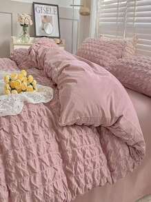 4pcs Bubble Gauze  Bedding,Soft Delicate Breathable Bed Sheets Set(1 Quilt Cover, 2 Pillowcases, 1 Sheet) For Queen King Size Bed - 粉色 - 查看 1