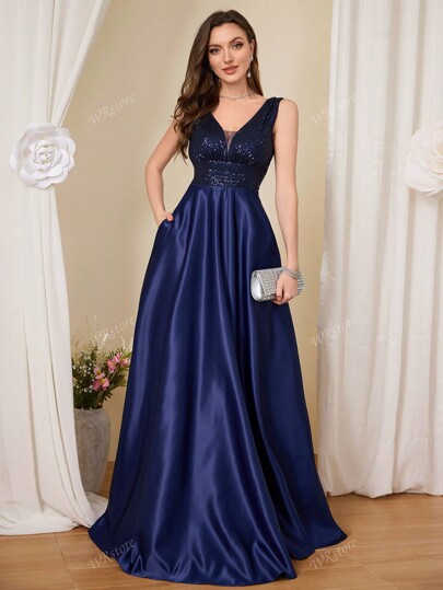 Vestido de mujer con escote en V profundo, espalda descubierta, parches con lentejuelas y manga abullonada, adecuado para banquetes, bailes, fiestas, vestido de invitada de boda, vestido de graduación
