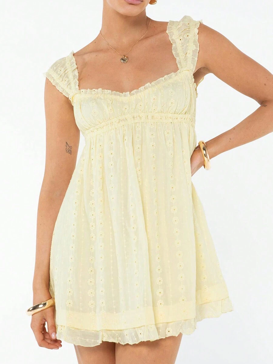 Ladies' Summer Dress, Floral Embroidery, Ruffled Shoulder Straps, Backless, Large Hem, Loose Summer Sleeveless Dress, Casual Party A-Line Dress. Soft, Lightweight, And Breathable Fabric Keeps You Cool And Away From Hot Weather. Very Suitable For Leisure, Clubs, Holidays, Outdoor Activities, Parties, Beaches, Vacations, Work, Daily Life, And Dating. - 黃色 - 查看 1