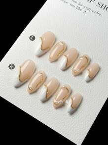 10片/套 手工制作不对称金色镶边白色仿珍珠美甲贴，高端奢华法式美甲贴纸 按压式美甲 美甲用品 手工美甲贴纸 - 白色 - 查看 4