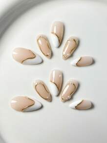 10片/套 手工制作不对称金色镶边白色仿珍珠美甲贴，高端奢华法式美甲贴纸 按压式美甲 美甲用品 手工美甲贴纸 - 白色 - 查看 7