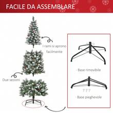 HOMCOM Albero di Natale Innevato Artificiale 180cm con Bacche Rosse e Pigne Bianche, Base Rimovibile Pieghevole, 618 Rami