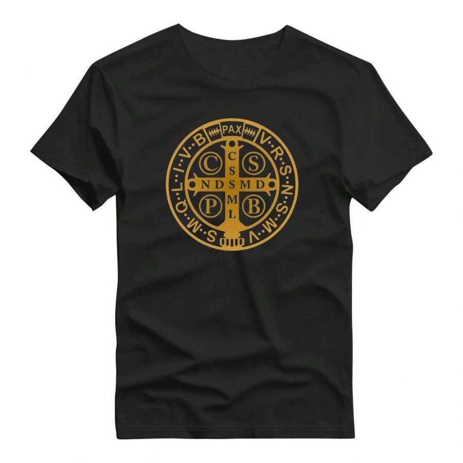 Basic Printed T-Shirt 100% Cotton Shirt With Saint Benedict Medal Print - 黑色 - 查看 1