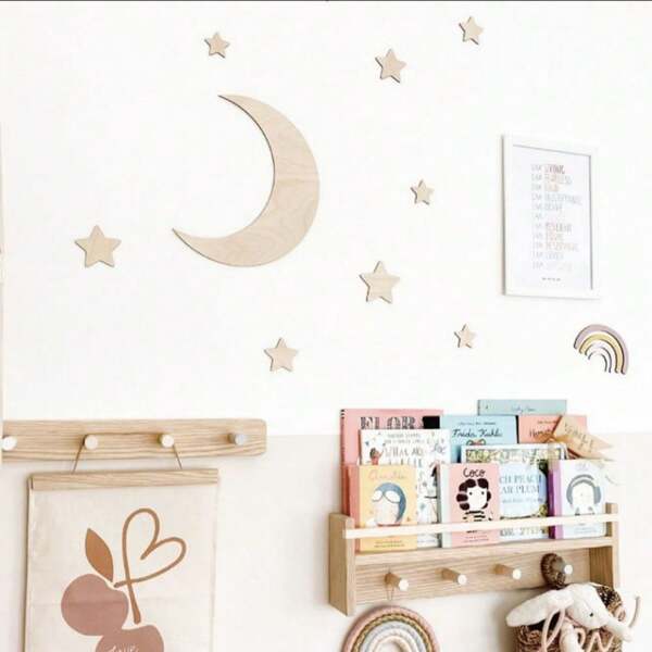 Moon And Stars Nursery Wall Decor Wooden Baby Kids' Room Decor Bedroom Wall Decoration For Boys Girls Nursery Wall Art Baby Shower Family Decorations Gifts