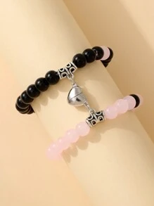 2 pièces Bracelet extensible simple et créatif avec perles en quartz rose mat, fermoir magnétique en forme de cœur. Pour hommes et femmes