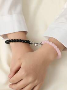 2 pièces Bracelet extensible simple et créatif avec perles en quartz rose mat, fermoir magnétique en forme de cœur. Pour hommes et femmes