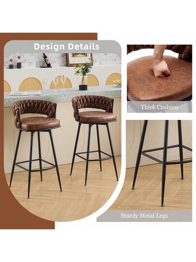 Bar Stool Set Of Kitchen Stools Woven Backrest Footrest, Swivel PU Synthetic Leather Seat Height 79 Cm, The Kitchen, Dining Room, Home view 4
