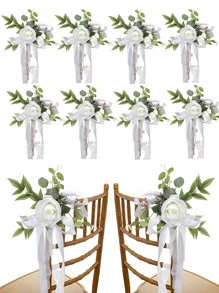 12/6PCS Wedding Aisle Chair Decorations Pew Flowers, Rose Floral Wedding Chair Back Flowers With Leaves And Ribbons,  Chair Bench Pew Flowers For Wedding Ceremony Decor - 白色 - 查看 1