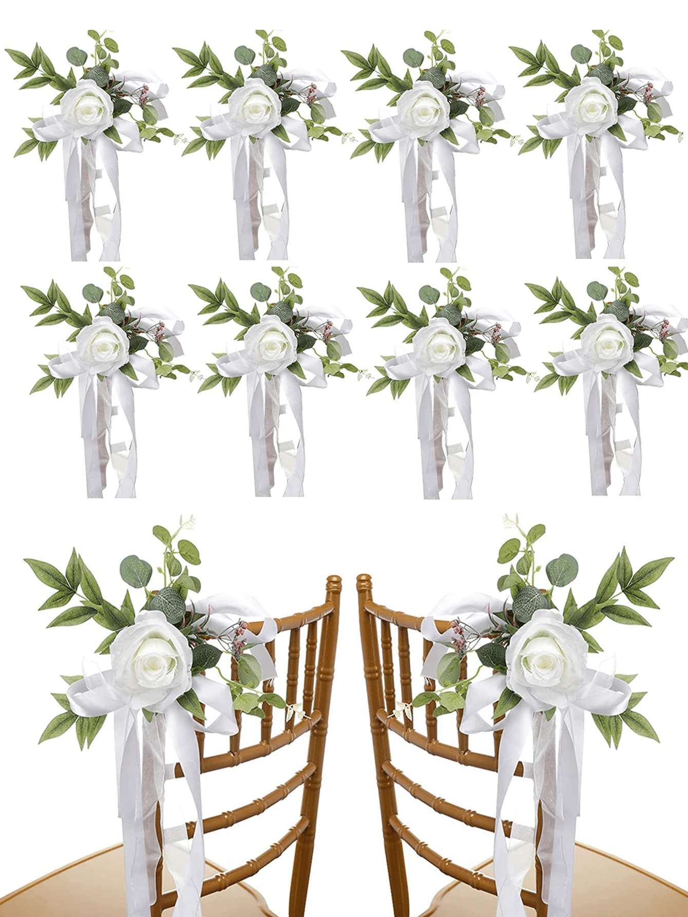 12/6PCS Wedding Aisle Chair Decorations Pew Flowers, Rose Floral Wedding Chair Back Flowers With Leaves And Ribbons,  Chair Bench Pew Flowers For Wedding Ceremony Decor - 白色 - 查看 1