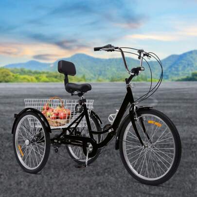 YUNRUX 24-tums trehjuling med 3 hjul för vuxna och seniorer, trehjuling med kundvagn, trehjuling för vuxna, 7-växlad trehjuling, hopfällbar med korg och ljus