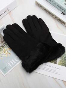 Women Winter Suede Gloves Fur Cuffs Touchscreen Gloves Soft Warm Fleece Lined Glove - Black#2 - View 3