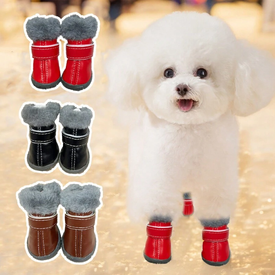 1 Set Of 4 Leather Waterproof Snow Boots For Dogs, Warm Plush Lining Anti-Slip Shoes Suitable For Small, Medium And Large Dogs - Red - View 1
