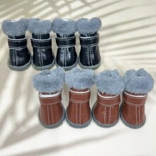 1 Set Of 4 Leather Waterproof Snow Boots For Dogs, Warm Plush Lining Anti-Slip Shoes Suitable For Small, Medium And Large Dogs - Red - View 6