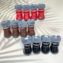 1 Set Of 4 Leather Waterproof Snow Boots For Dogs, Warm Plush Lining Anti-Slip Shoes Suitable For Small, Medium And Large Dogs - Red - View 3