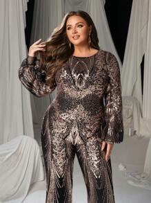 Faeriesty Plus Graphic Sequin Lantern Sleeves Party Jumpsuit - Gold - View 6