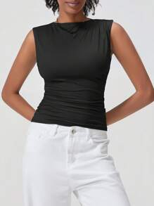 Women's Ruched Tank Tops Slim Solid Color Boat Neck Sleeveless Shirt For Party Club
