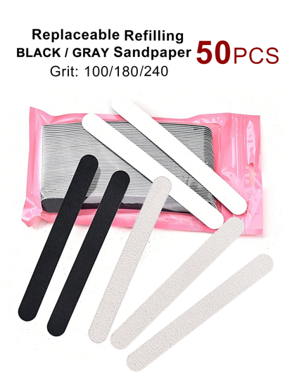 50pcs Replaceable Sandpaper Nail Files, Reusable & Washable, 100/180/240 Grit (Stainless Steel Base Sold Separately)