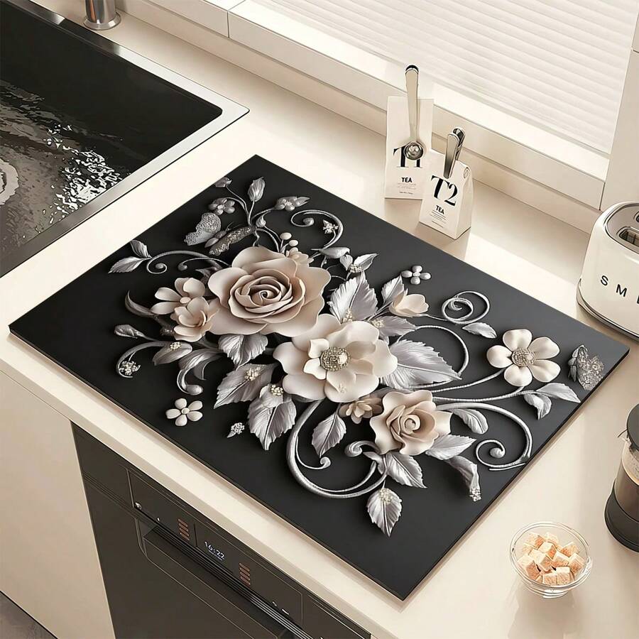 1pc 3D Floral Design Absorbent Drying Mat, New Waterproof Kitchen Counter Drying Pad, Soft Silicone Non-Slip Quick Dry Mat For Kitchen Counter, Coffee Maker, Etc. - FULSD253 - View 1