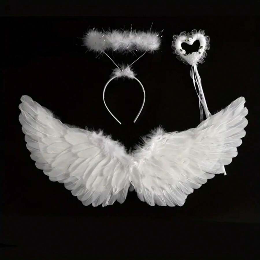 Creative Angel Feather Wings, Fairy Stick, Headband 3pcs/Set Toy Set, Christmas/Halloween/Thanksgiving/Birthday Gift [Partial Details With Random Colors](Artificial Feather)