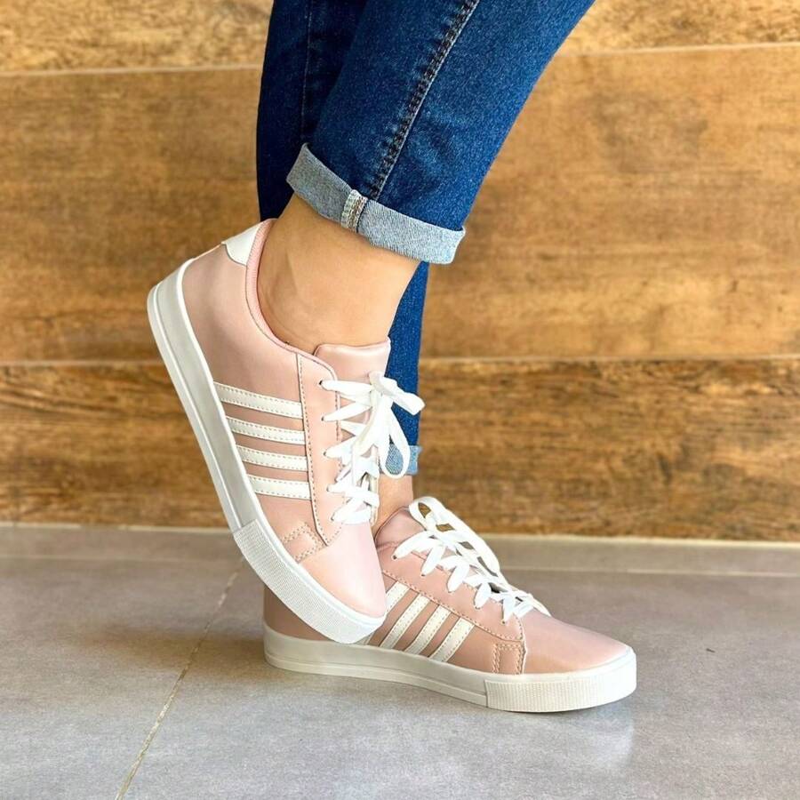 Women's Casual Low Top Sneakers White Black Nude Striped Gym Walking Shoes New Arrival - 乾枯玫瑰色 - 查看 1