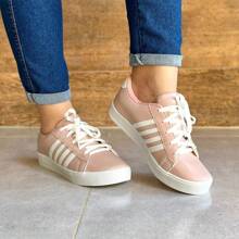 Women's Casual Low Top Sneakers White Black Nude Striped Gym Walking Shoes New Arrival - 乾枯玫瑰色 - 查看 5