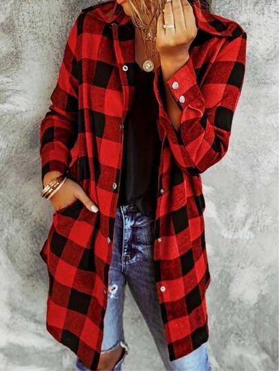 Plus Size Women's Plaid Button Pocket Casual Long Sleeve Shirt