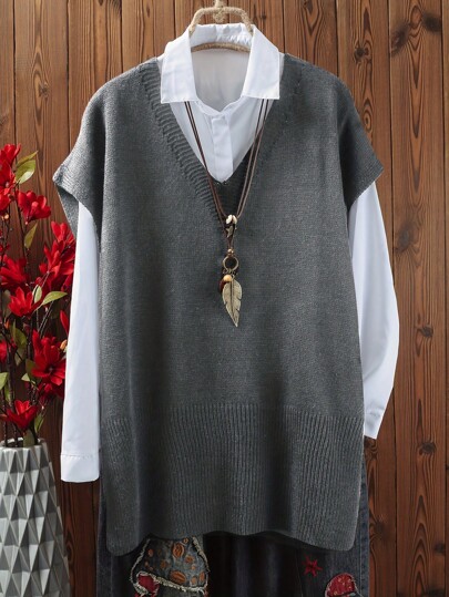 Plus Size Women Plus Size Pullover Sweater, Casual Comfortable V-Neck Sleeveless Knit Top