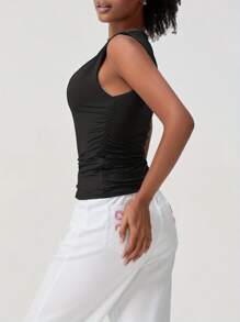 Women's Ruched Tank Tops Slim Solid Color Boat Neck Sleeveless Shirt For Party Club