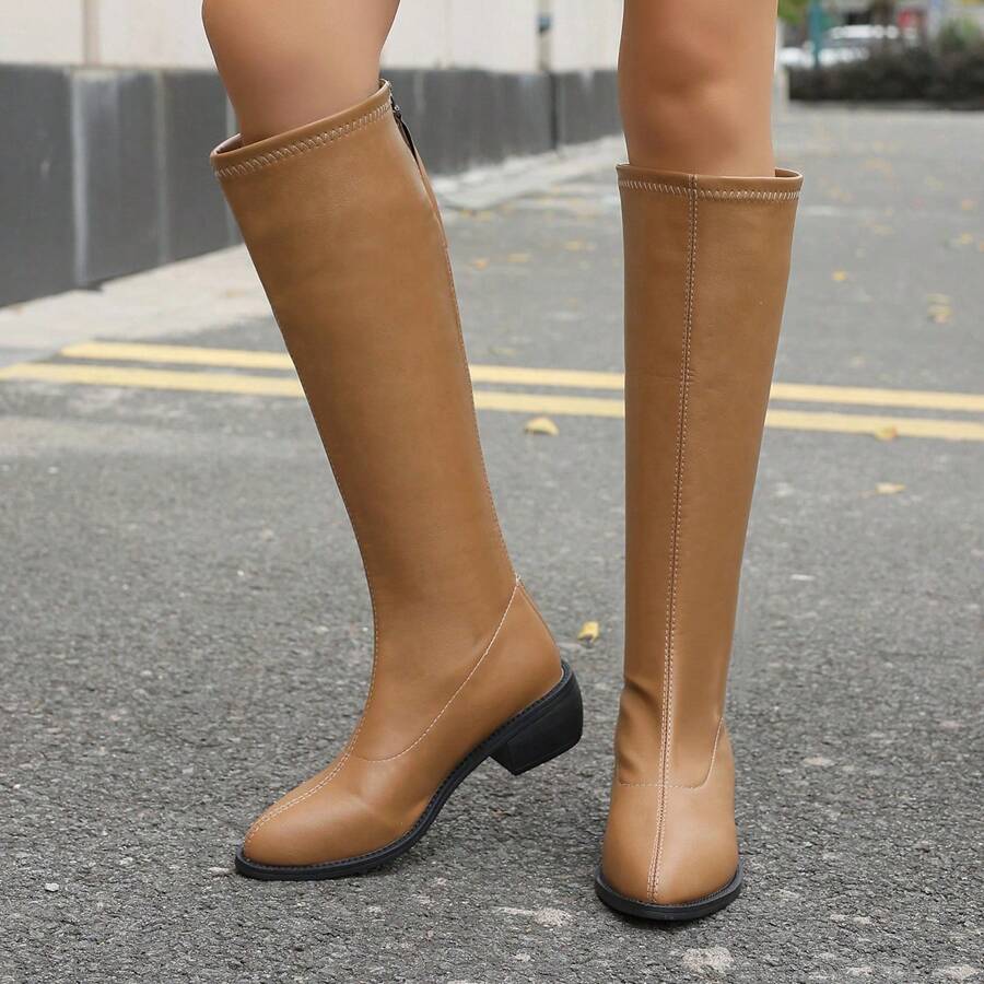 New Autumn/Winter Women Boots, Pointed Toe Chunky Heel Back Zipper Riding Boots, Black Casual Fashion Knee-High Boots, Suitable For Dress And Pants