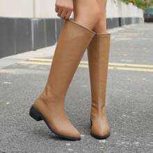 New Autumn/Winter Women Boots, Pointed Toe Chunky Heel Back Zipper Riding Boots, Black Casual Fashion Knee-High Boots, Suitable For Dress And Pants