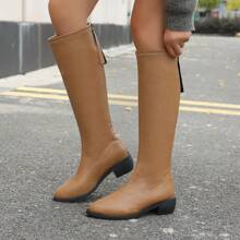 New Autumn/Winter Women Boots, Pointed Toe Chunky Heel Back Zipper Riding Boots, Black Casual Fashion Knee-High Boots, Suitable For Dress And Pants