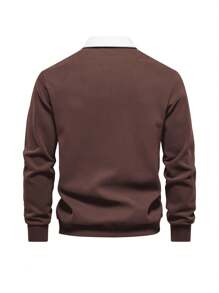 Spring And Autumn Men's Casual Pullover Long-Sleeved Lapel Shirt, Cotton Mixed With Retro Color Block Men's Wear - 棕色 - 查看 2