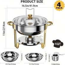 4 Sets Of Self-Service Hot Pot Sets, 5QT [95% Pre Installed] Circular Hot Pot Self-Service Set, With Glass Cover And Cover Rack, Stainless Steel Hot Pot Food Heater Tray, Suitable For Gatherings, Catering, Weddings, Christmas Parties And Celebrations - 4PCS Gold (no Assembly Required) - View 3