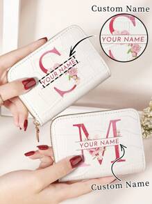 1 pieza Billetera personalizada con firma, billetera con diseño de firma personalizada, billetera versátil con cremallera para monedas con patrón de inicial de la A a la Z, portador de tarjetas gráficas con letra, organizador de tarjetas de crédito multiusos para útiles escolares, bolsos y bolsos de mujer