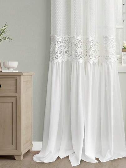 1 Peça de Cortina de Gaze com Bordado de Pompom Branco, Cortina de Estilo de Princesa com Ilhós no Top, Corte de Renda Translúcida para Decoração de Casamento, Quarto, Sala de Estar