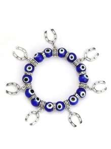 1pc 3 Styles Blue Evil Eye Beaded Stretch Bracelet For Women, Horseshoe Charms & Faceted Beads, Silver Tone Spacers, Boho Stackable Jewelry - Beads - View 12
