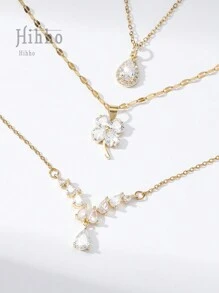 Hihho Bộ 3 dây chuyền đính đá Zirconia thiết kế hình giọt nước, hình tròn, hoa thanh lịch và thời trang, quà tặng trang sức sang trọng cho phụ nữ ngày lễ tình nhân, mẹ, mẹ, ngày của mẹ, quà tặng - Vàng - Xem 4