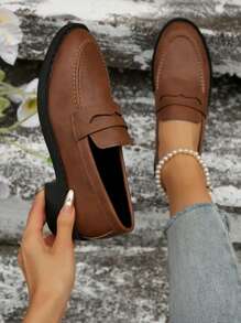 Brytyjskie, płaskie, wsuwane, damskie mokasyny, grube, uniwersalne, casualowe, oksfordy - Brązowy - Zobacz 6