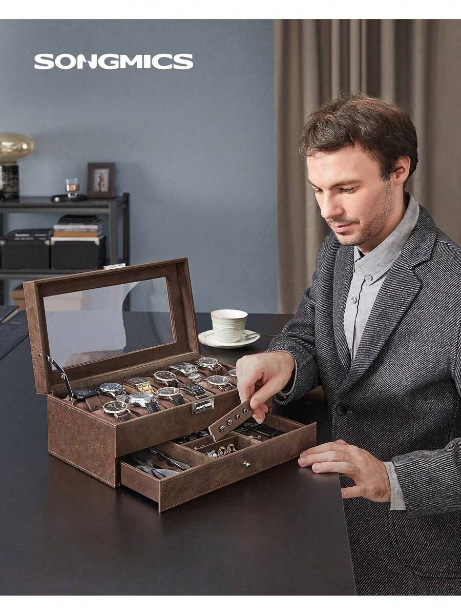 SONGMICS Cajas y organizadores de relojes para volver al almacenamiento de dormitorios escolares, Regalo de Navidad - Marrón - Ver 1