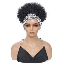 Lockige Perücken für Frauen, Kopfband-Perücke halb für Frauen, kurze schwarze Perücke mit angebrachtem Kopfband-Schal, Perücke mit gestreiftem Turban-Wickel, kurze, krause tief gelockte Haare Synthetische Perücken