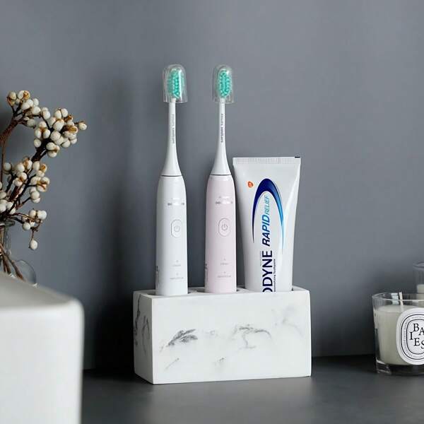 1 pièce Support de brosse à dents de luxe au motif de marbre - Support de brosse à dents électrique avec une prise sécurisée, un grand rangement multifonctionnel pour la brosse à dents et le dentifrice, un organisateur de salle de bain compact pour un espace sans encombrement - Parfait pour les plans de travail de salle de bain, accessoires de salle de bain essentiels pour un environnement hygiénique, décoration de salle de bain, décoration d'automne, retour à l'école