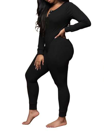 Womens Deep V Neck One Piece Pajamas Pants Long Sleeve Bodycon Butt Flap Jumpsuits Rompers Overall Home Wear Outfit